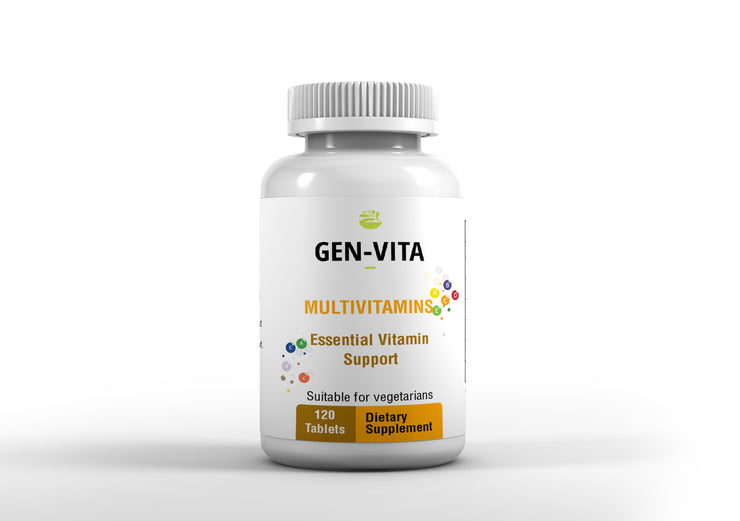 Gen-Vita Multivitamins to support daily recommended vitamin A, B1, B2, B3 C, D3 and E intake